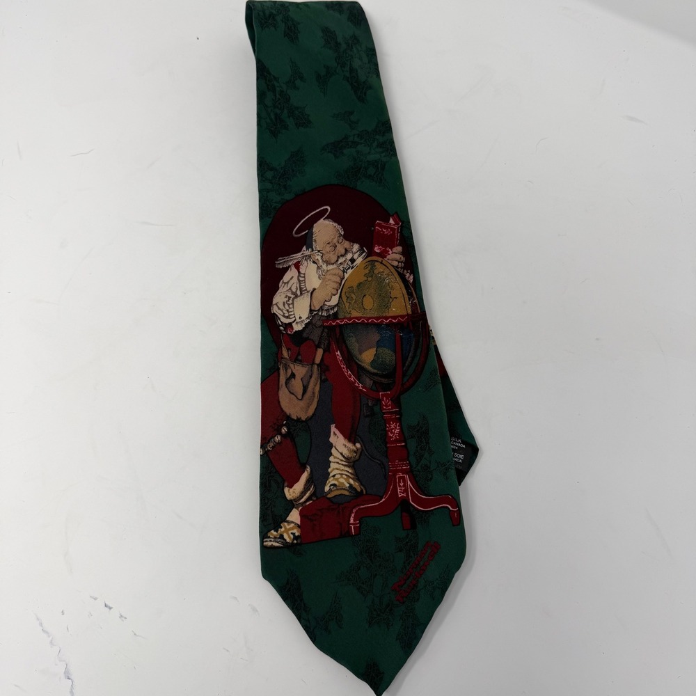Norman Rockwell Saturday Evening Post Santa Globe Silk Christmas Tie Green Mens
